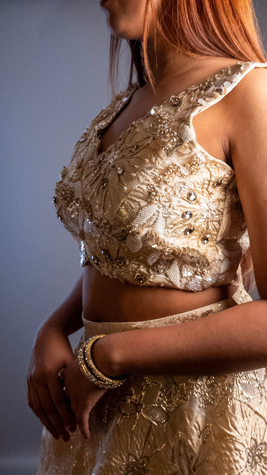 Gold Organza Tissue Flared Lehenga With Bead Work — dupatta detail