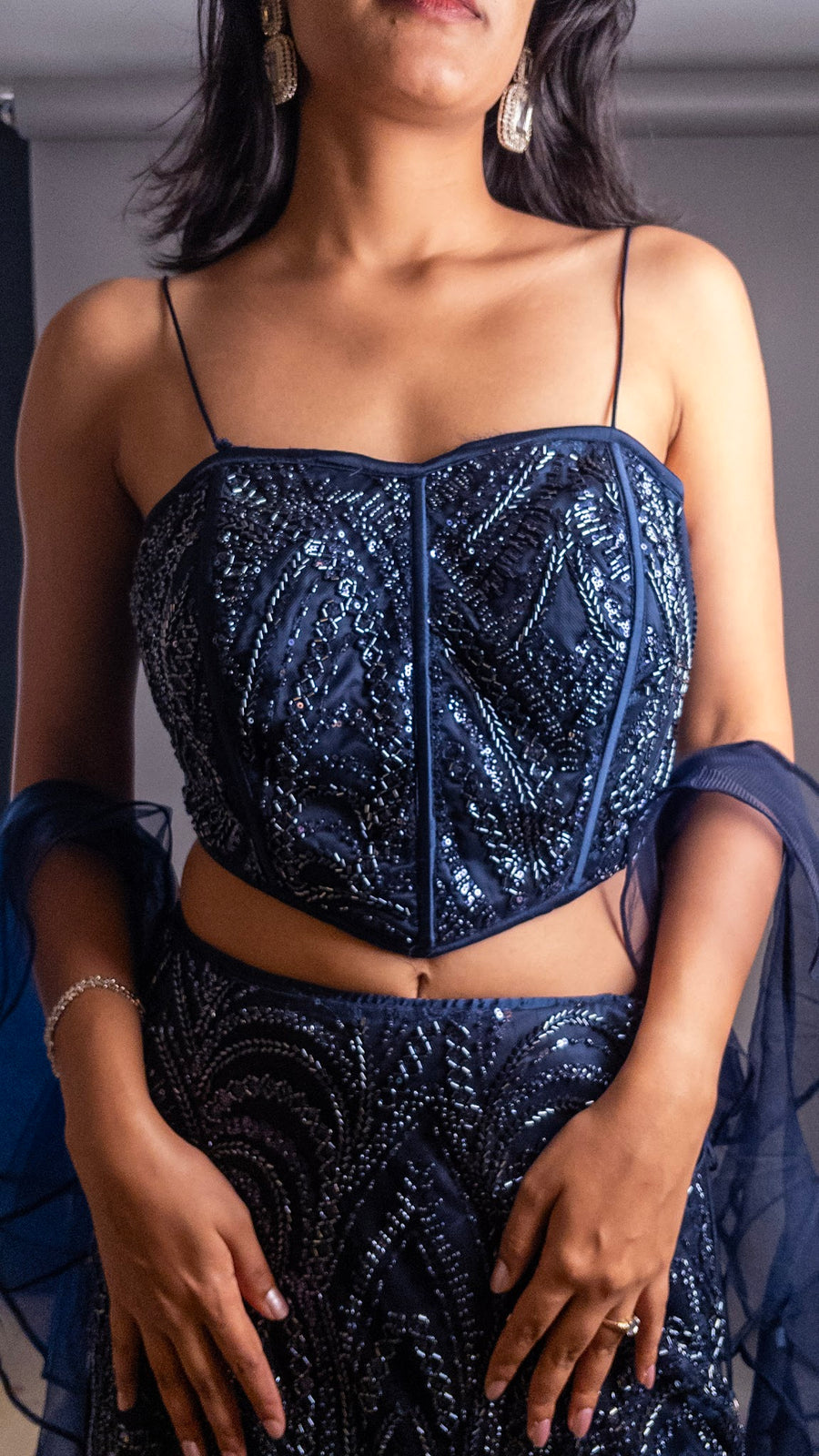 Navy Sequin Corset Lehenga With Organza Drape — dupatta detail