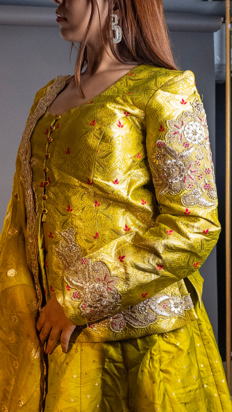 Parrot Green Silk Lehenga With Zari Embroidered Jacket Top — dupatta detail