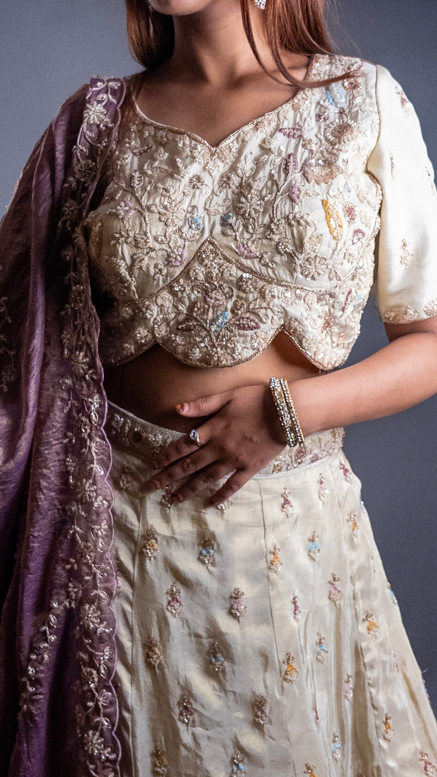 Ivory Net Lehenga With Lavender Tissue Dupatta — dupatta detail