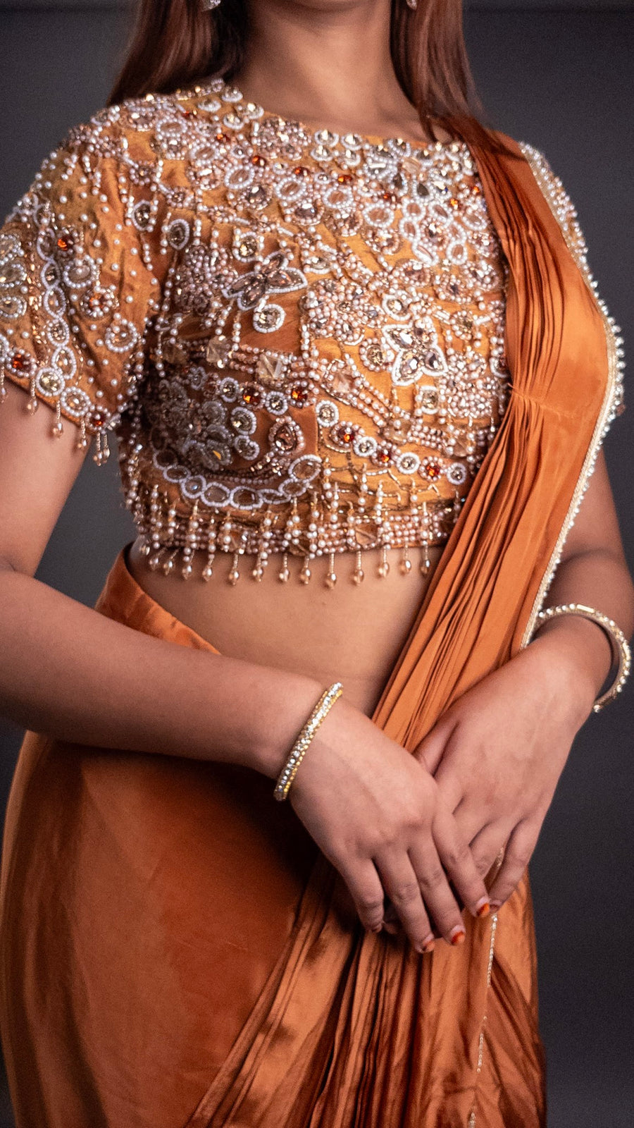 Rust Orange Chinon Pre-Draped Saree With Beaded Blouse — dupatta detail
