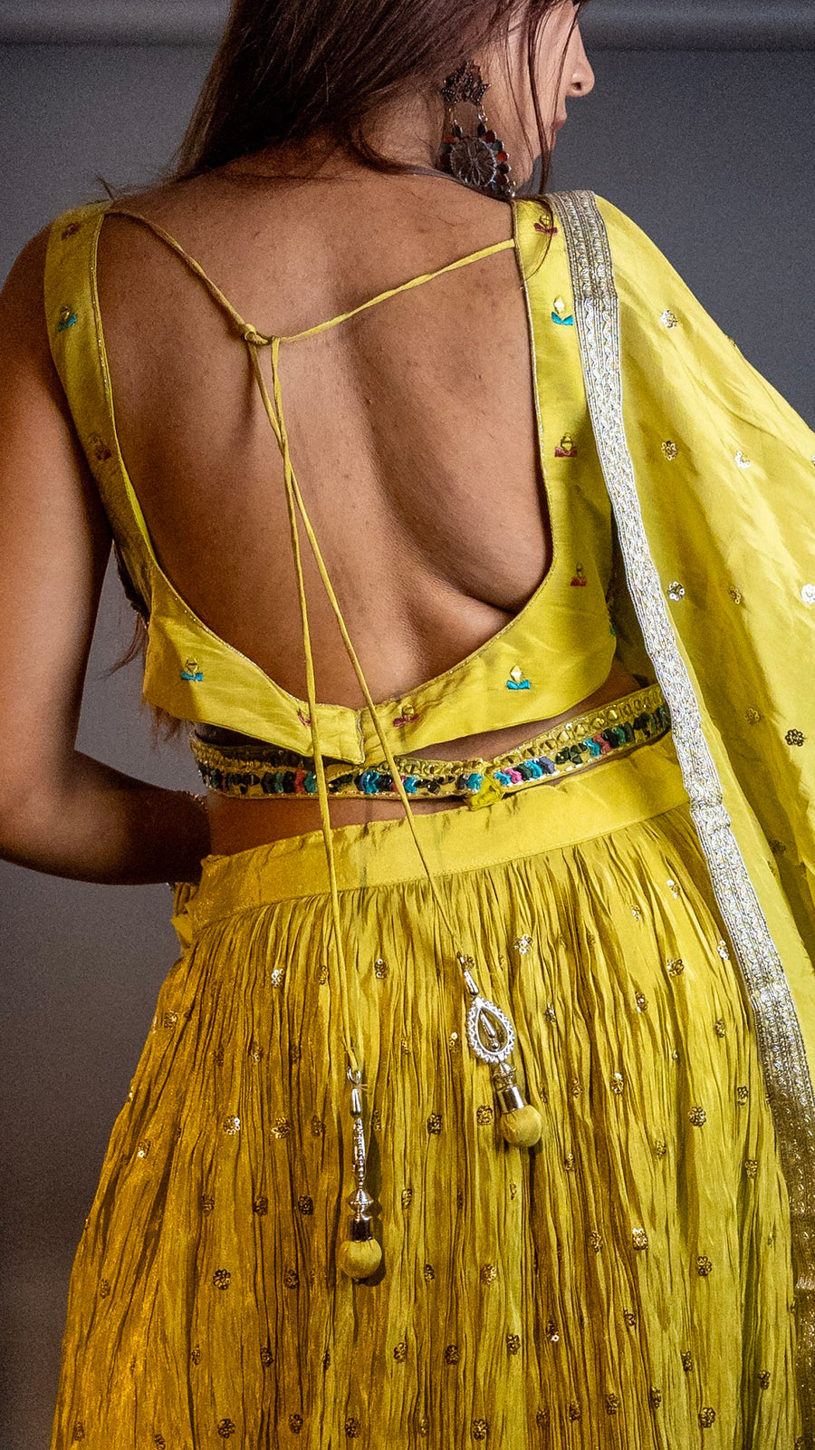 Neon Yellow Shimmer Tissue Flared Kali Lehenga Set — styling detail