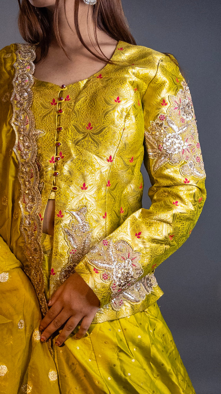 Parrot Green Silk Lehenga With Zari Embroidered Jacket Top — styling detail