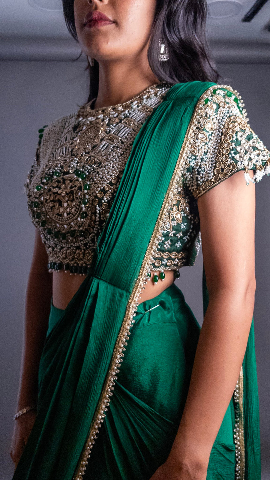 Emerald Satin Pre-Draped Saree With Cutdana Blouse — styling detail