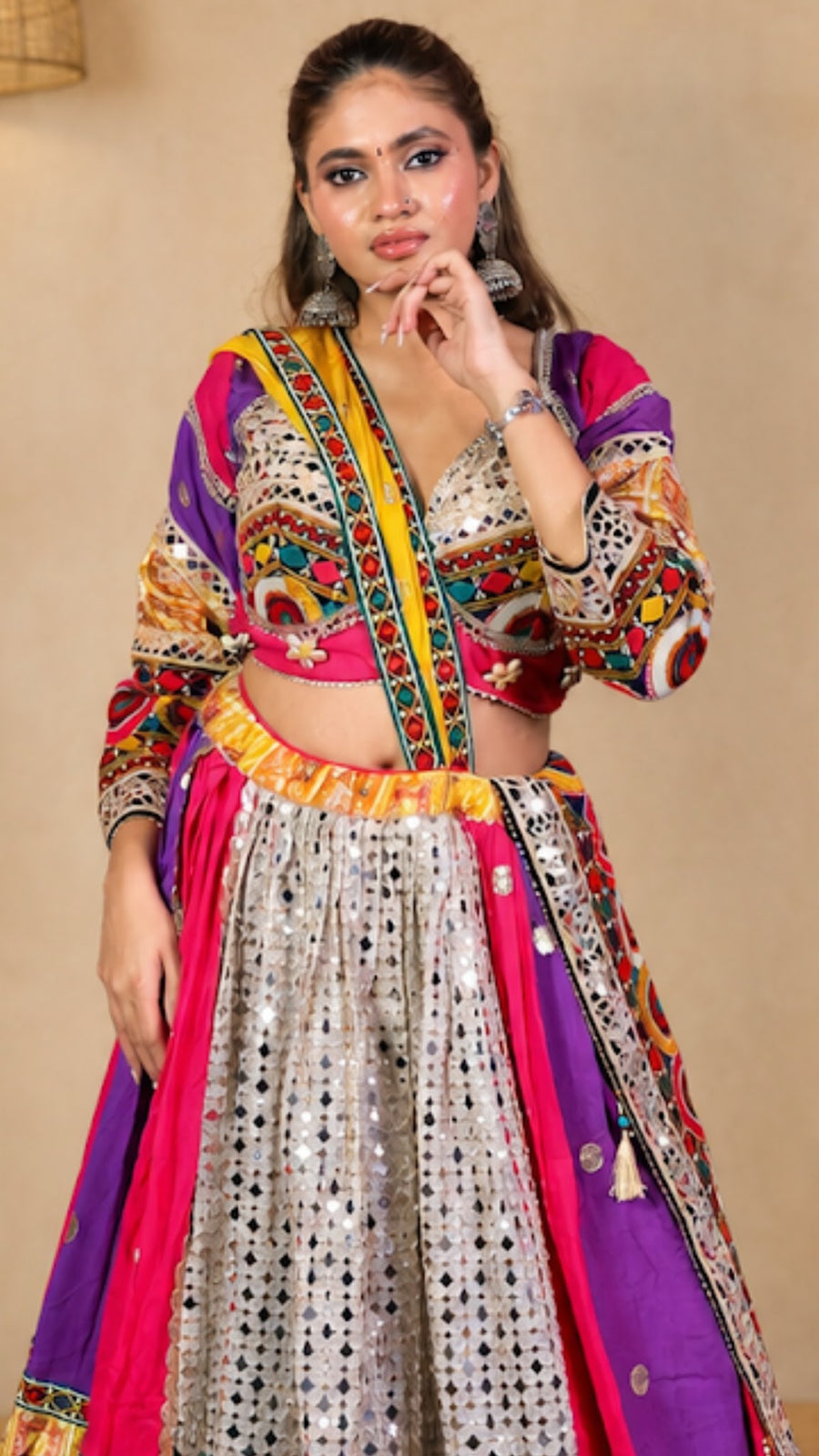 Multicolour Cotton Flared Kali Lehenga With Mirror Work — styling detail