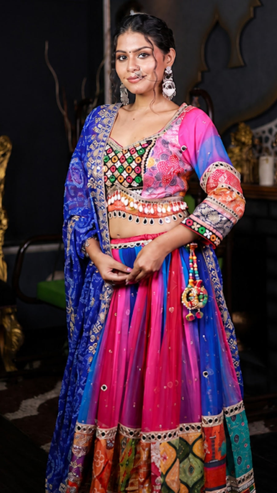 Pink Multicolour Cotton Kali Lehenga With Bandhani Dupatta — styling detail