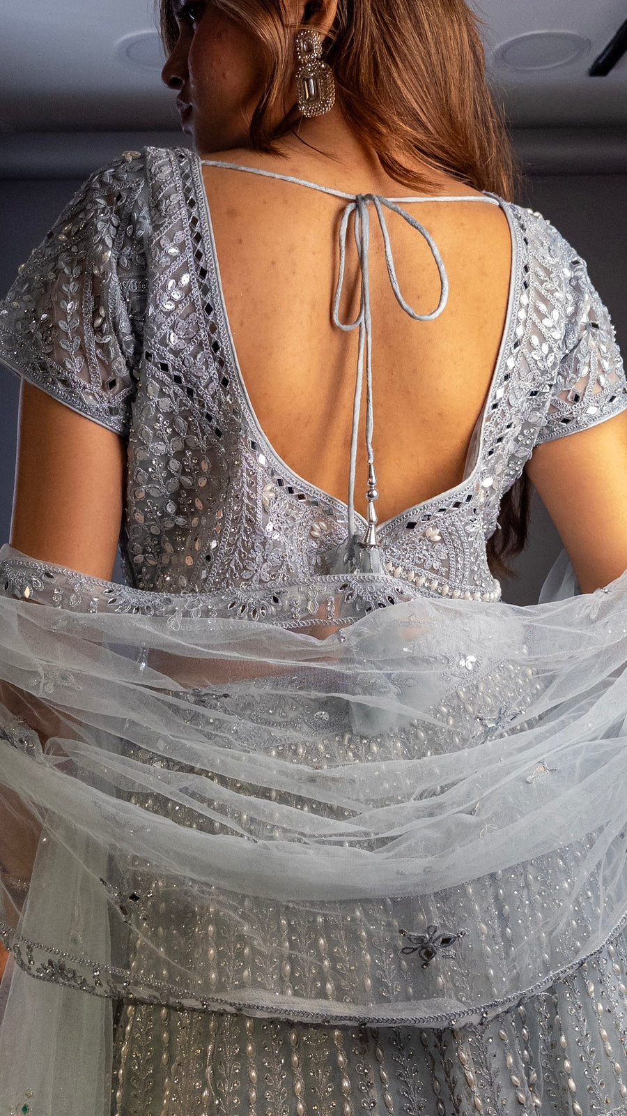 Silver-Grey Cutdana and Mirror Flared Lehenga Set — styling detail