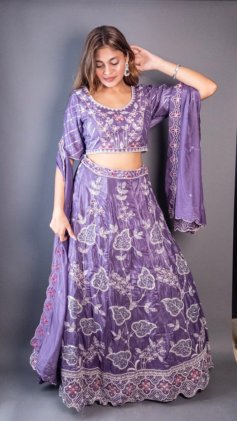 Purple Tissue Shimmer Lehenga With Zari Thread Work — styling detail