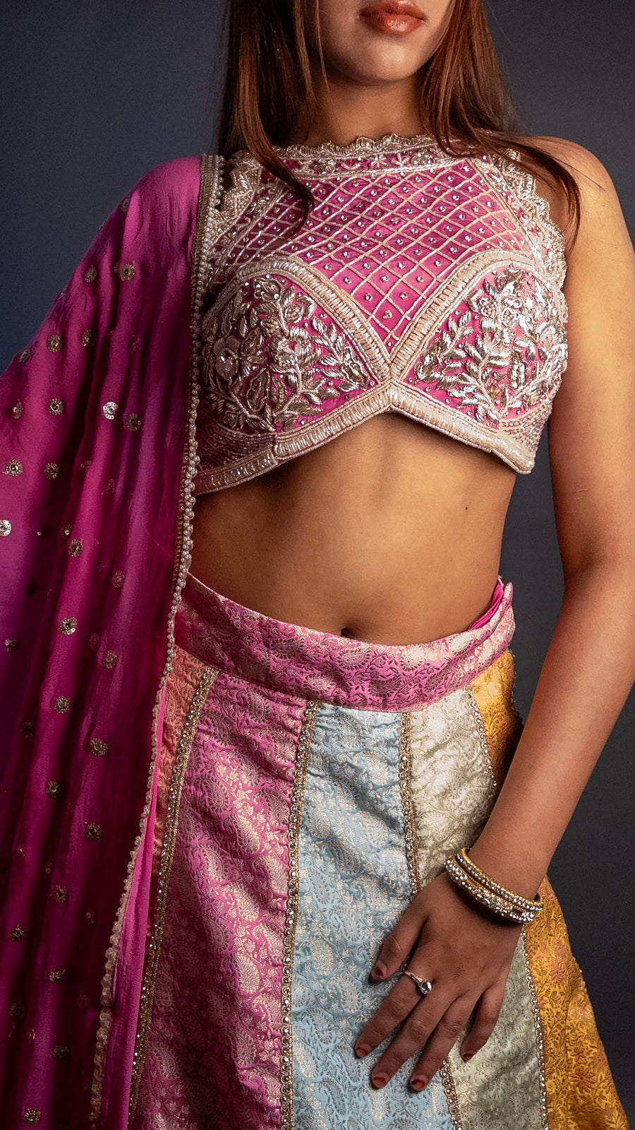 Multicolour Brocade Kali Lehenga With Pink Blouse — styling detail