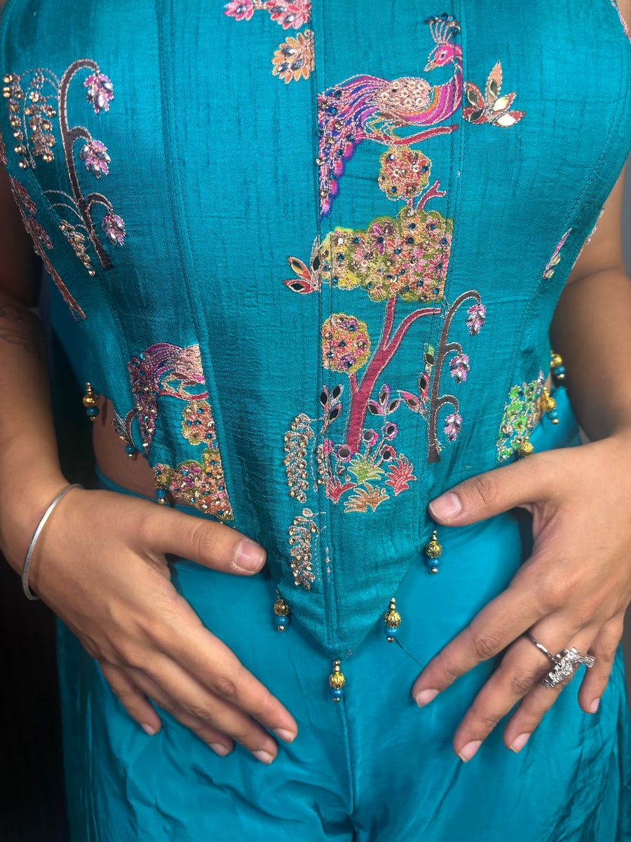 Teal Satin Corset Sharara Set With Bead Embroidery — styling detail