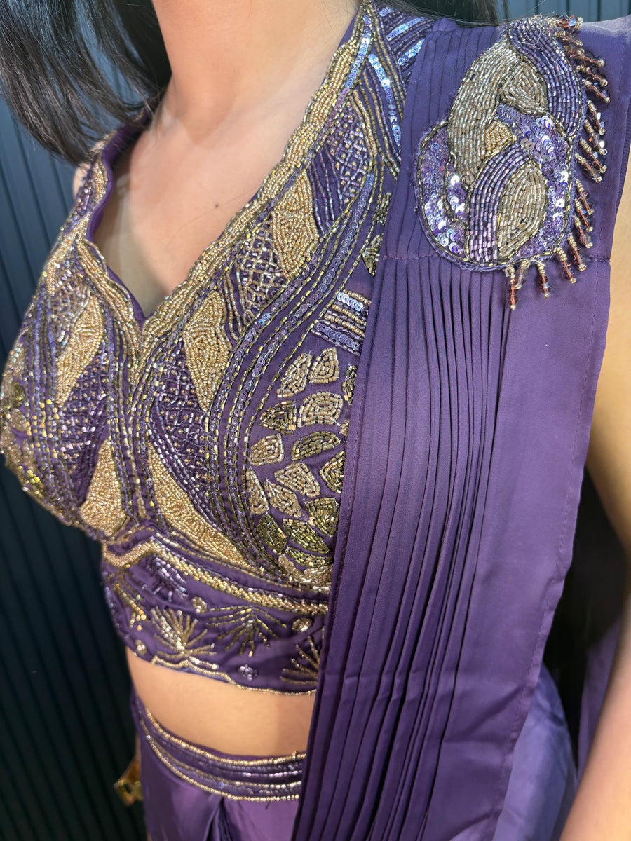 Purple Satin Pre-Draped Saree With Embellished Blouse — styling detail