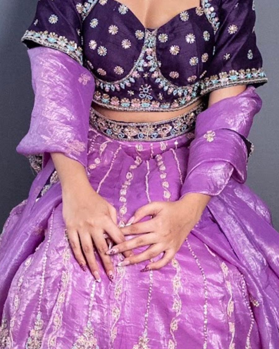 Lilac Tissue Lehenga With Dark Purple Raw Silk Blouse — styling detail