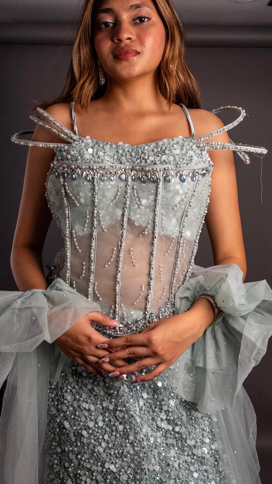 Pearl Blue Sequin Mermaid Lehenga With Corset Bodice — styling detail