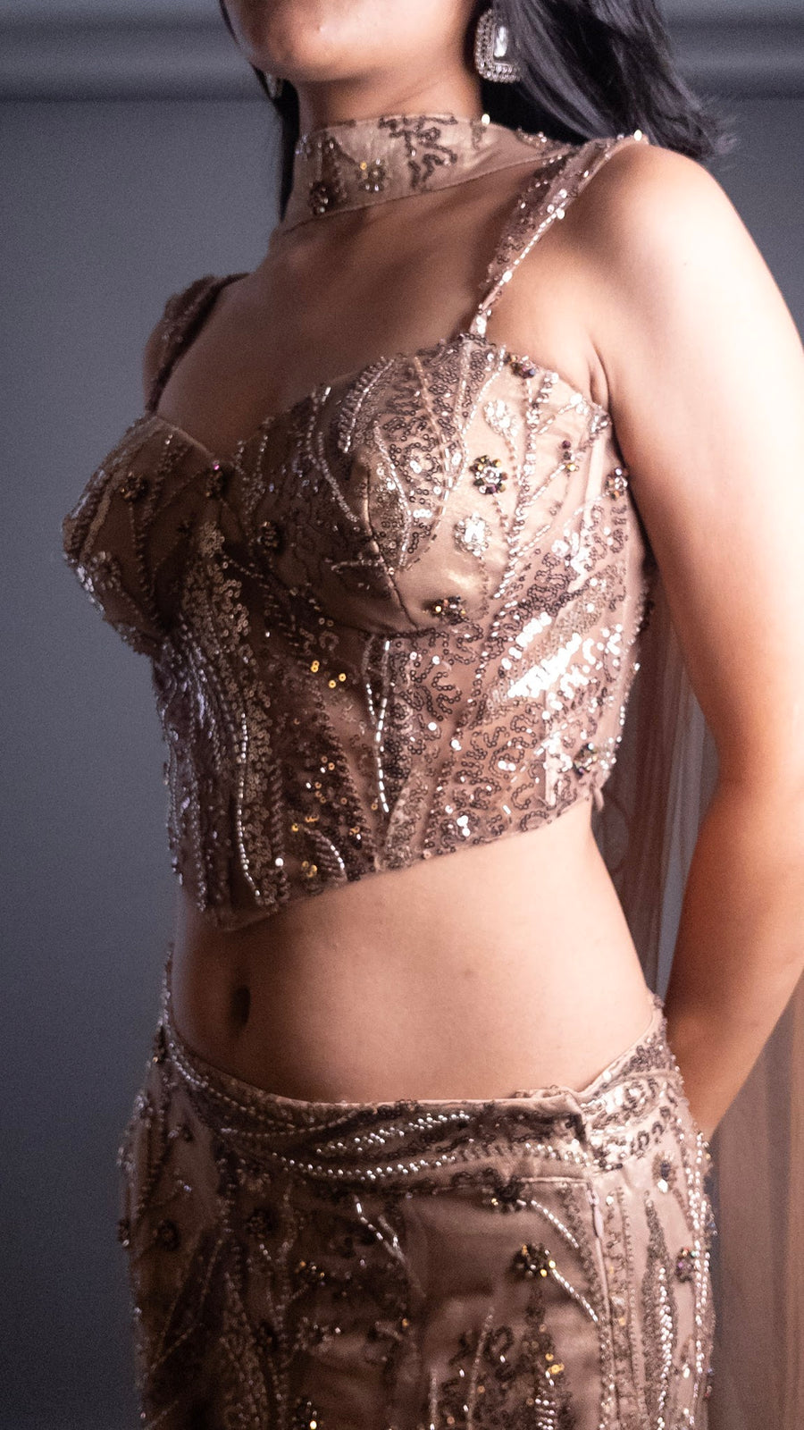Copper Sequin Soft Net Mermaid Lehenga With Choker Cape — styling detail