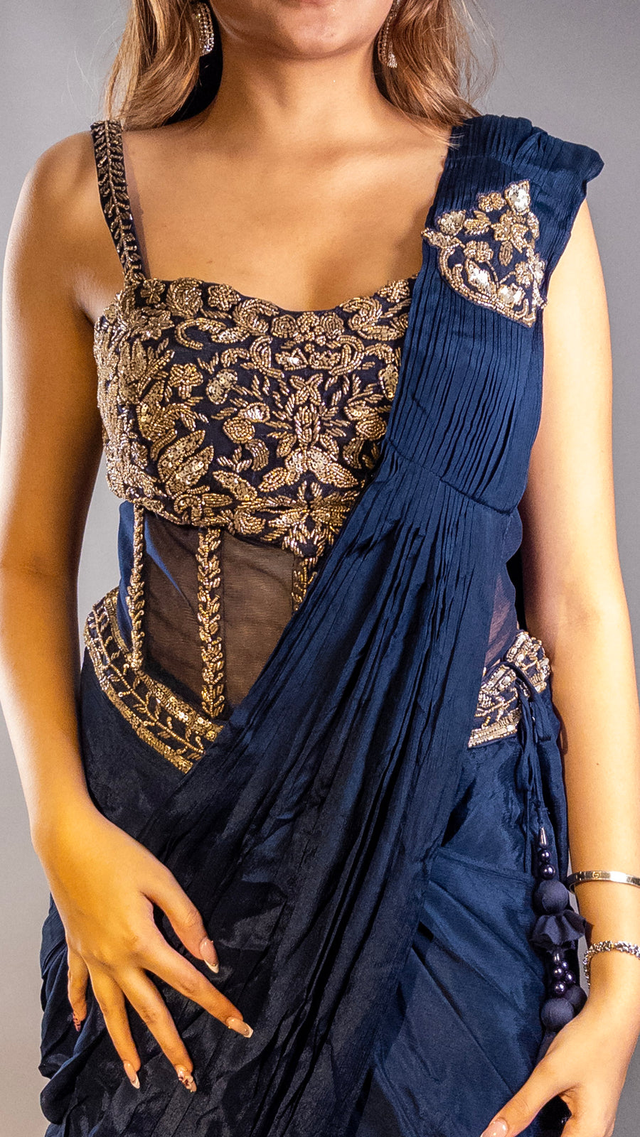 Navy Blue Satin Pre-Draped Saree With Zari Corset — styling detail