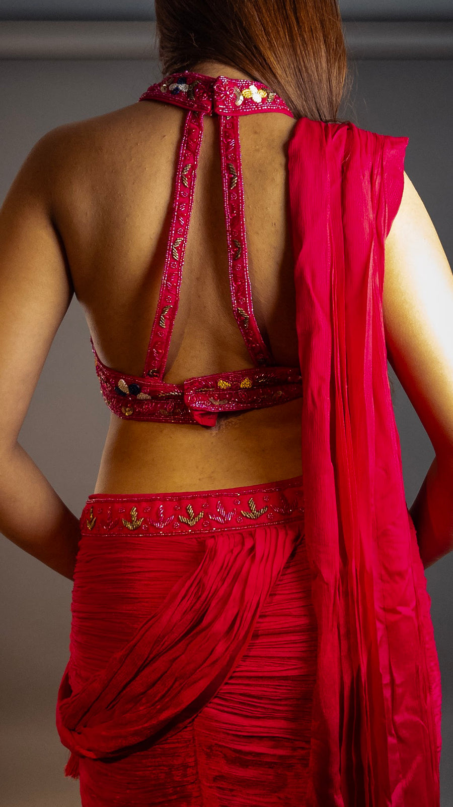 Hot Pink Crepe Mermaid Lehenga With Beaded Blouse — styling detail