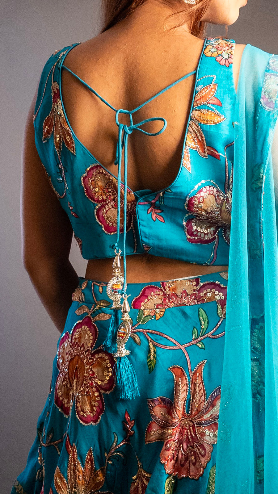 Teal Blue Printed Organza Flared Kali Lehenga Set — styling detail