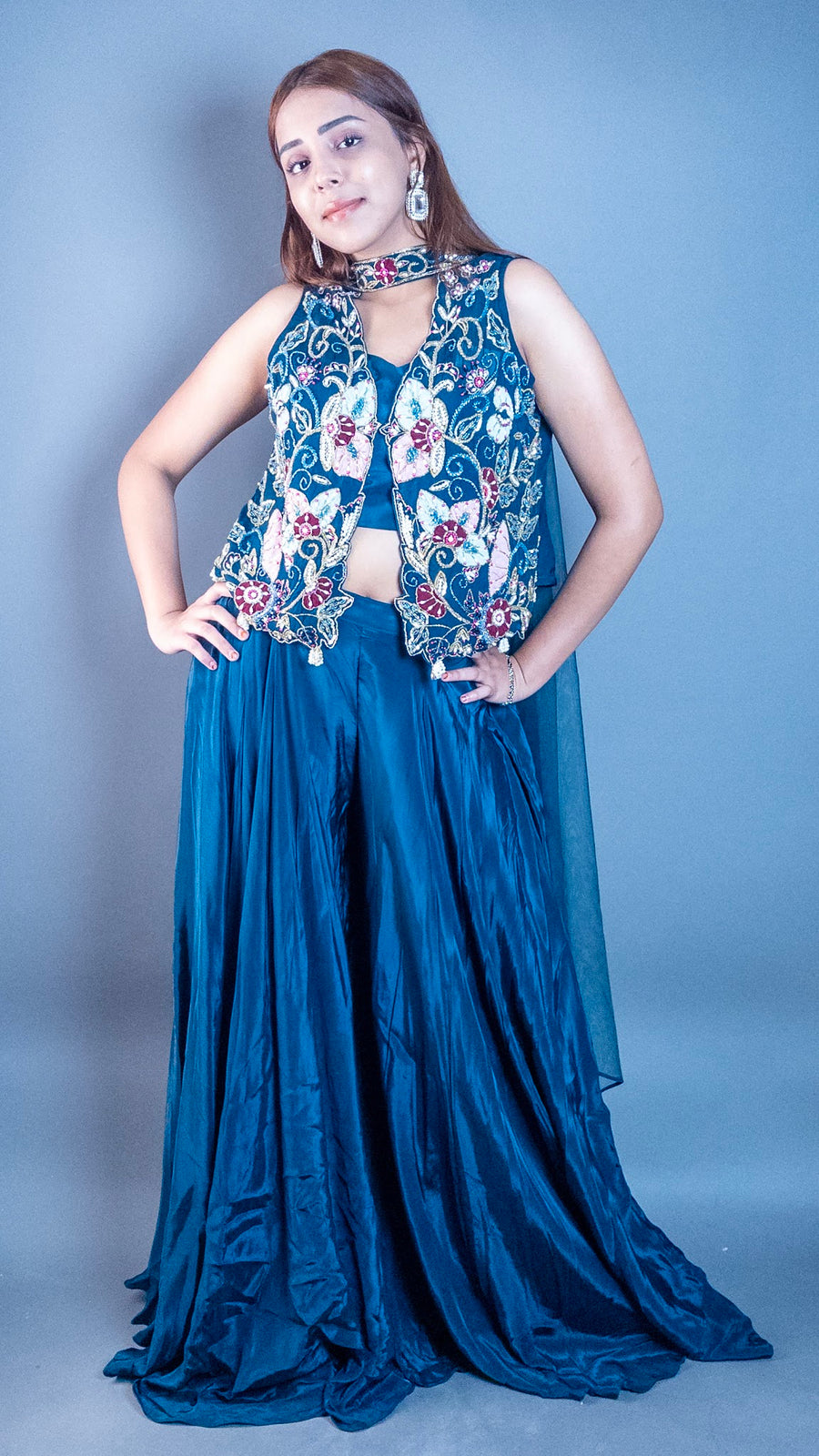 Navy Satin Sharara Set With Embroidered Cape Jacket — styling detail
