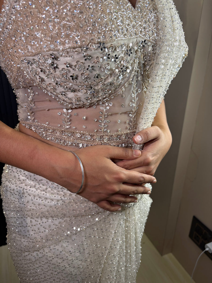 Ivory Sequin Net Pre-Draped Saree With Beaded Blouse — styling detail