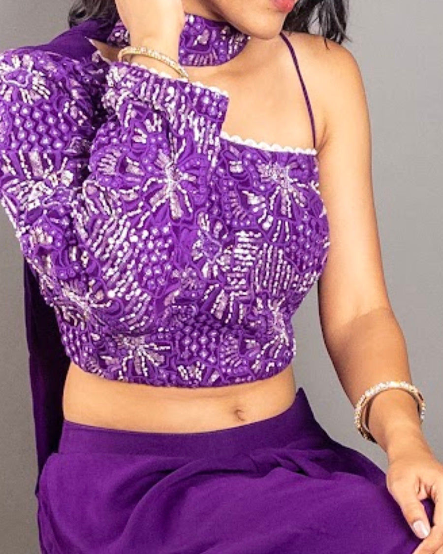 Purple Crepe One-Shoulder Palazzo Suit Set — styling detail
