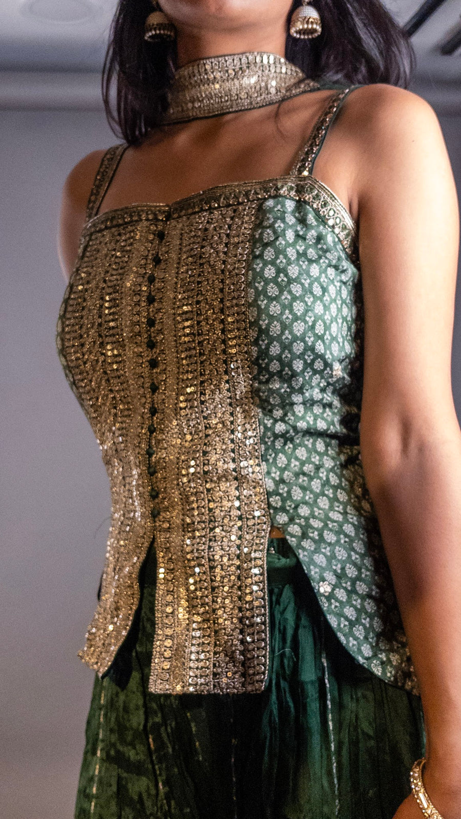 Forest Green Chinnon Palazzo Set With Sequin Bodice — styling detail