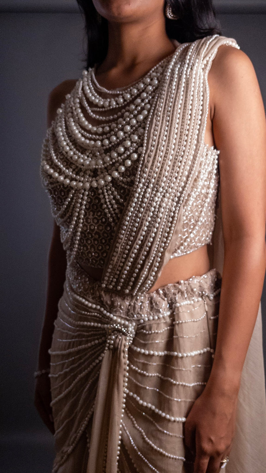 Ivory Shimmer Georgette Pearl-Draped Mermaid Saree Gown — styling detail