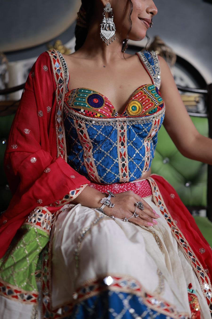 White Cotton Flared Lehenga With Mirror and Zari Work — styling detail