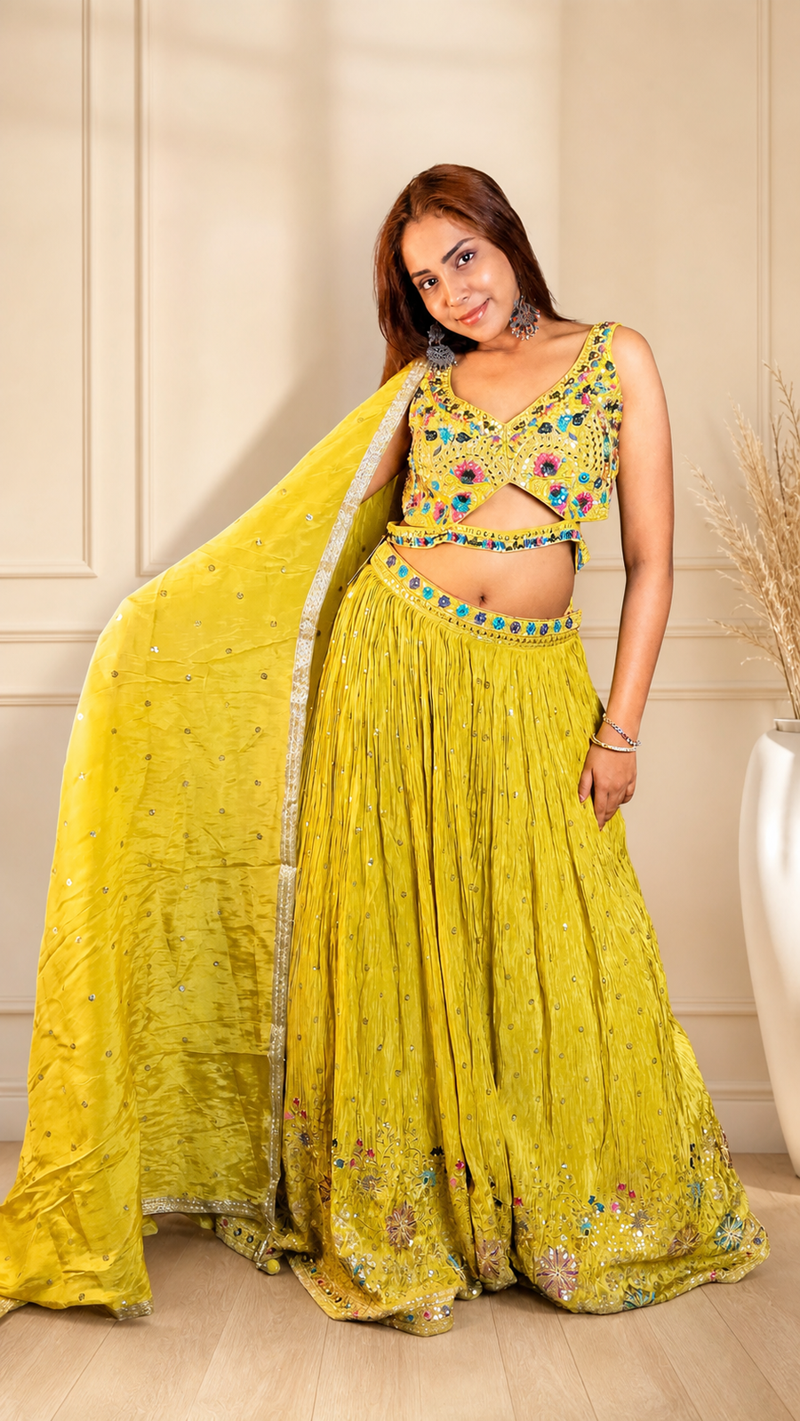 Neon Yellow Shimmer Tissue Flared Kali Lehenga Set — front view