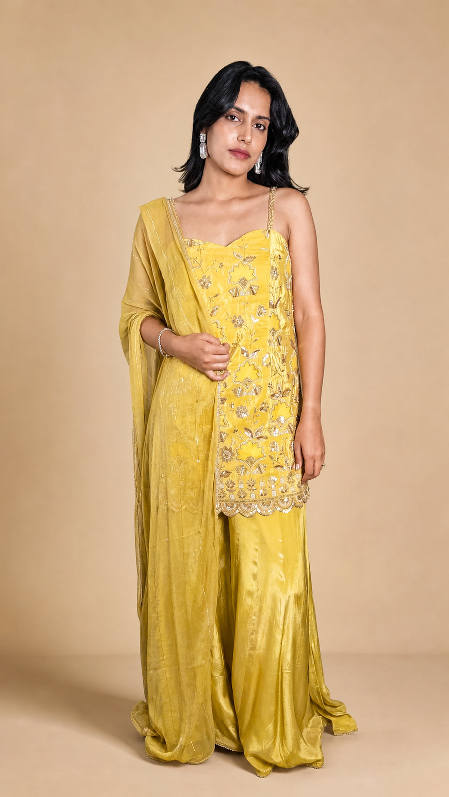 Mustard Georgette Cutdana Zari Sharara Set — front view