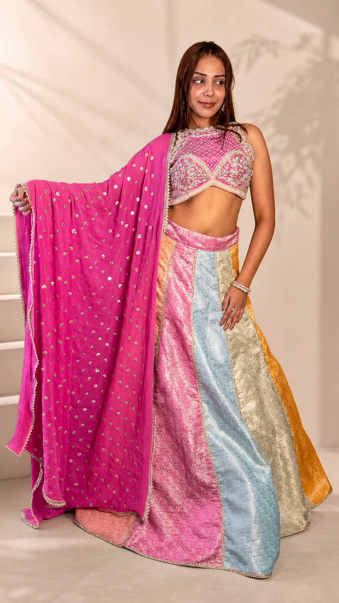 Multicolour Brocade Kali Lehenga With Pink Blouse