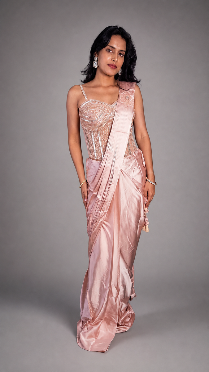 Peach Satin Pre-Draped Saree With Corset Blouse