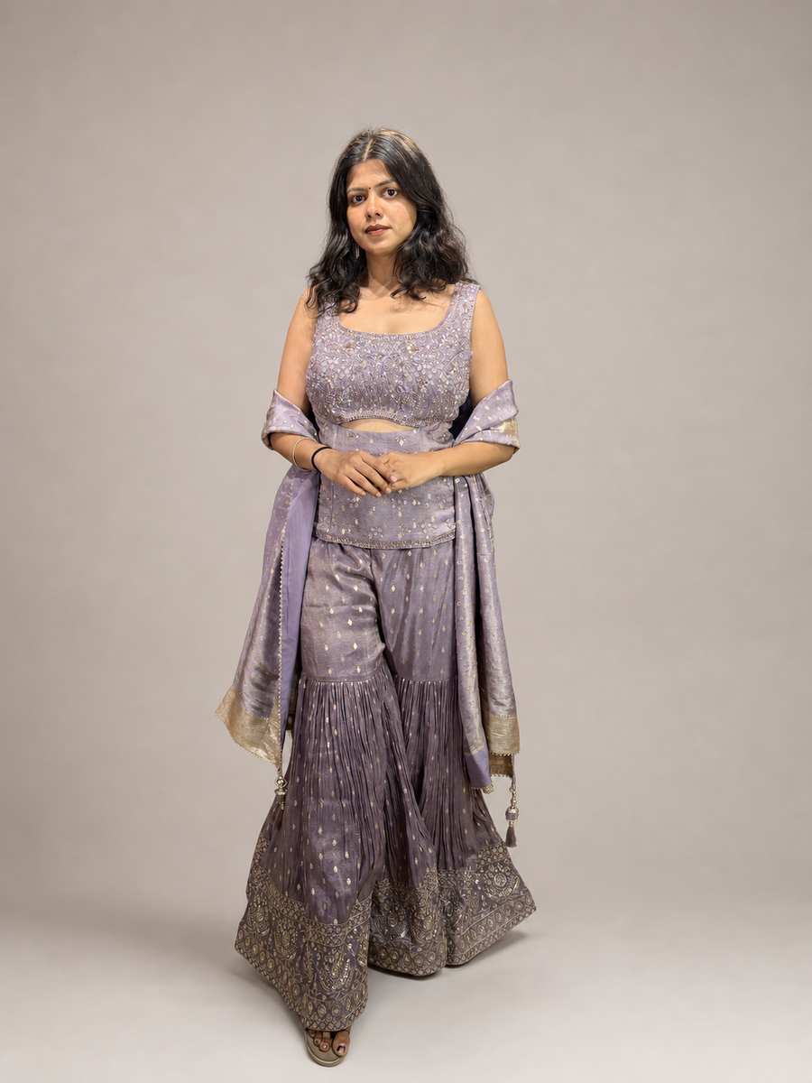 Lavender Georgette Sharara Set With Zari Dupatta — front view