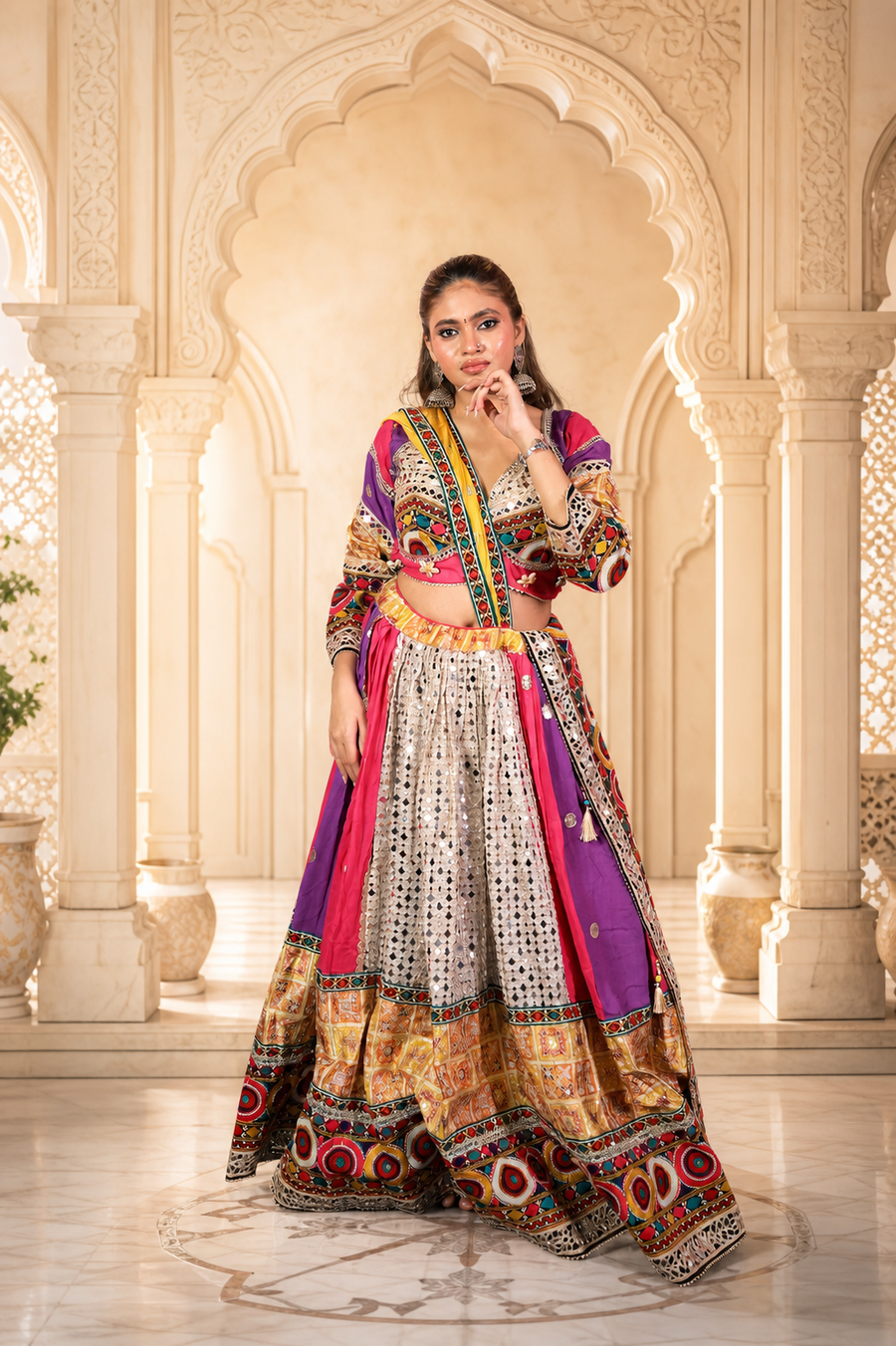 Multicolour Cotton Flared Kali Lehenga With Mirror Work — front view