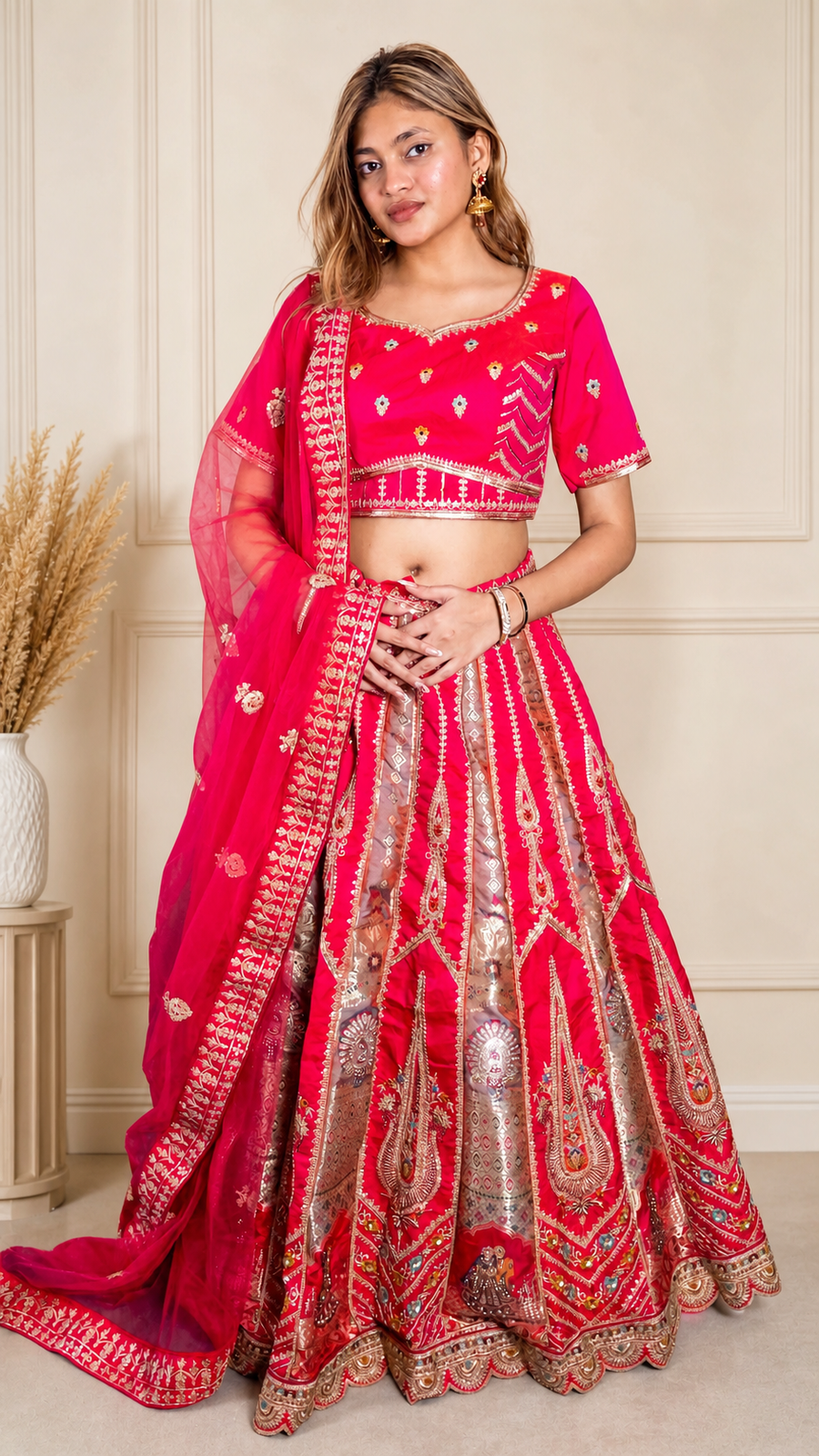 Red and Ivory Silk Brocade Kali Lehenga With Zari Work — front view