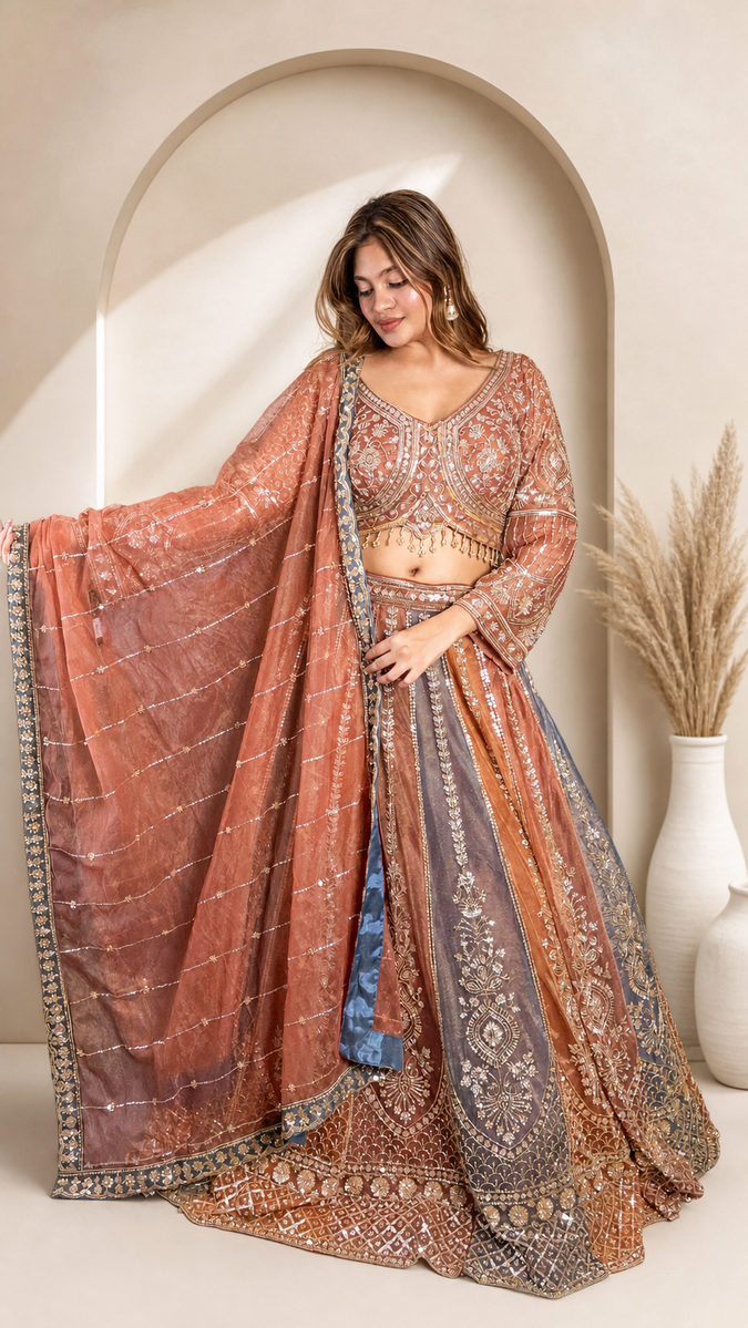 Rust Net Kali Lehenga With Zari and Sequin Work