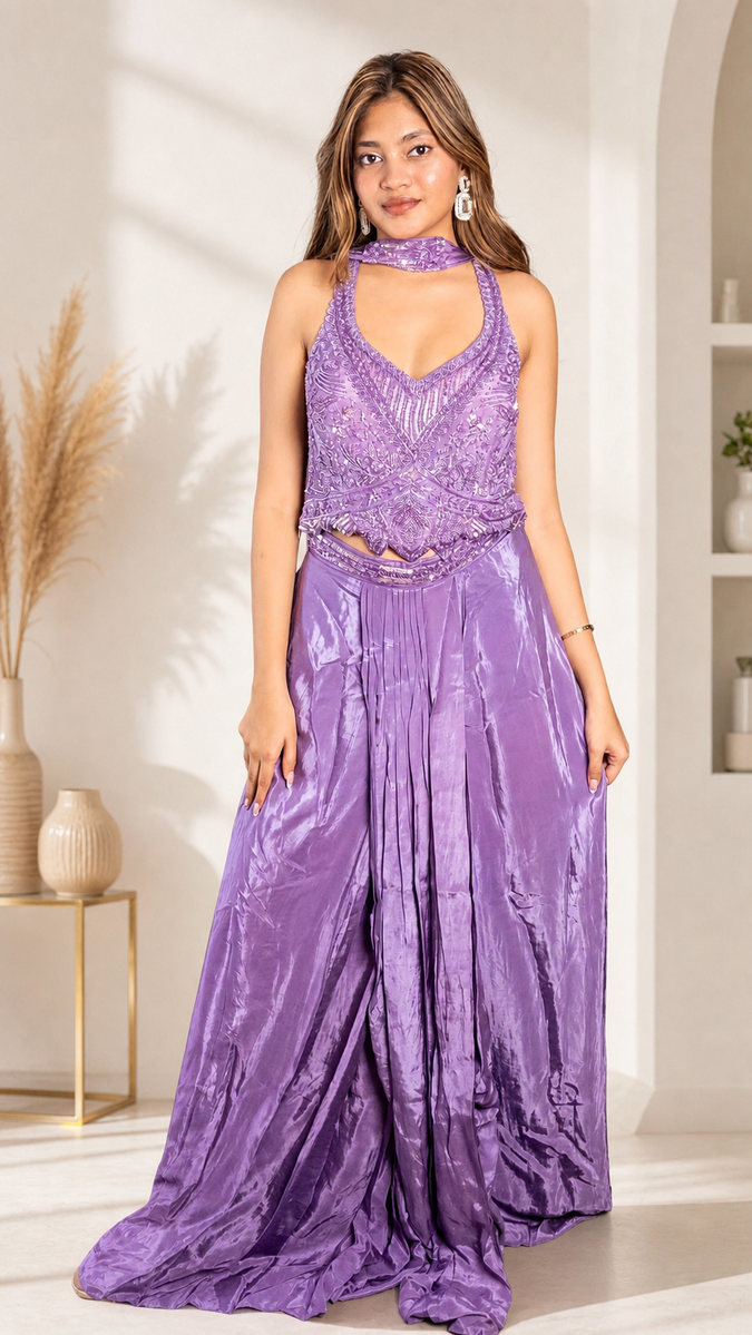 Lilac Crepe Cutdana Halter Set With Draped Dupatta