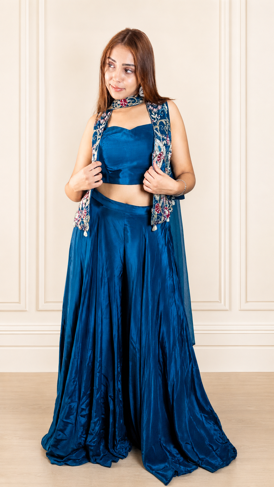 Navy Satin Sharara Set With Embroidered Cape Jacket — front view