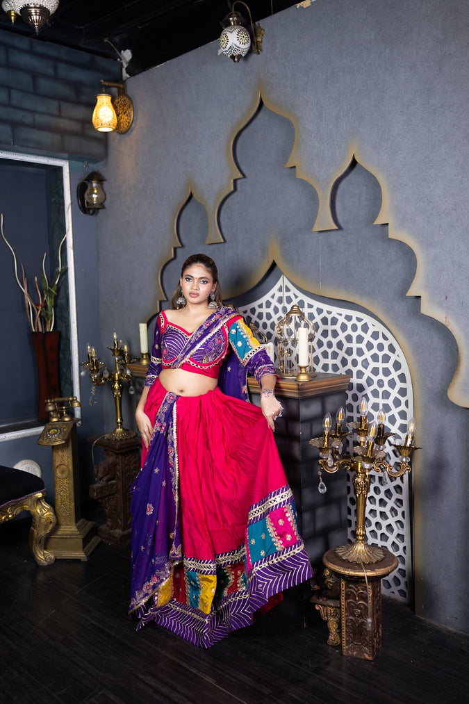 Red Cotton Kali Lehenga With Purple Zari Dupatta