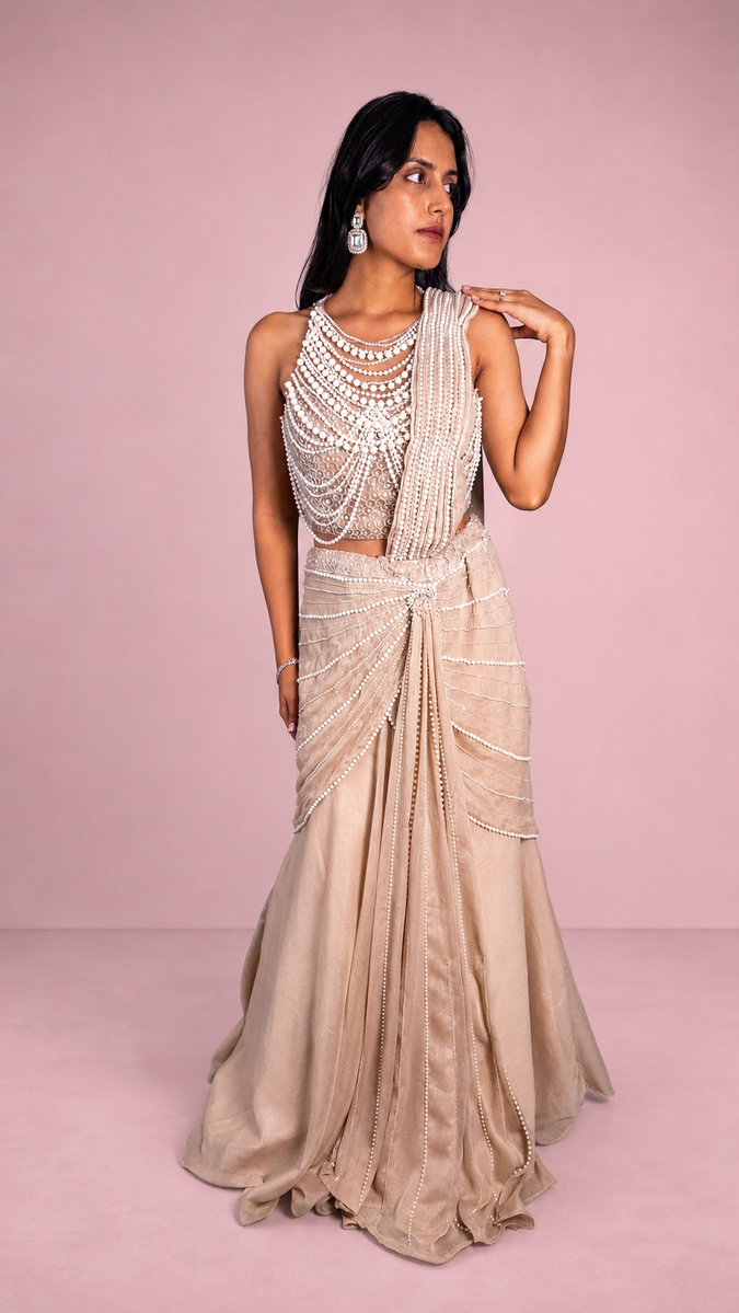 Ivory Shimmer Georgette Pearl-Draped Mermaid Saree Gown