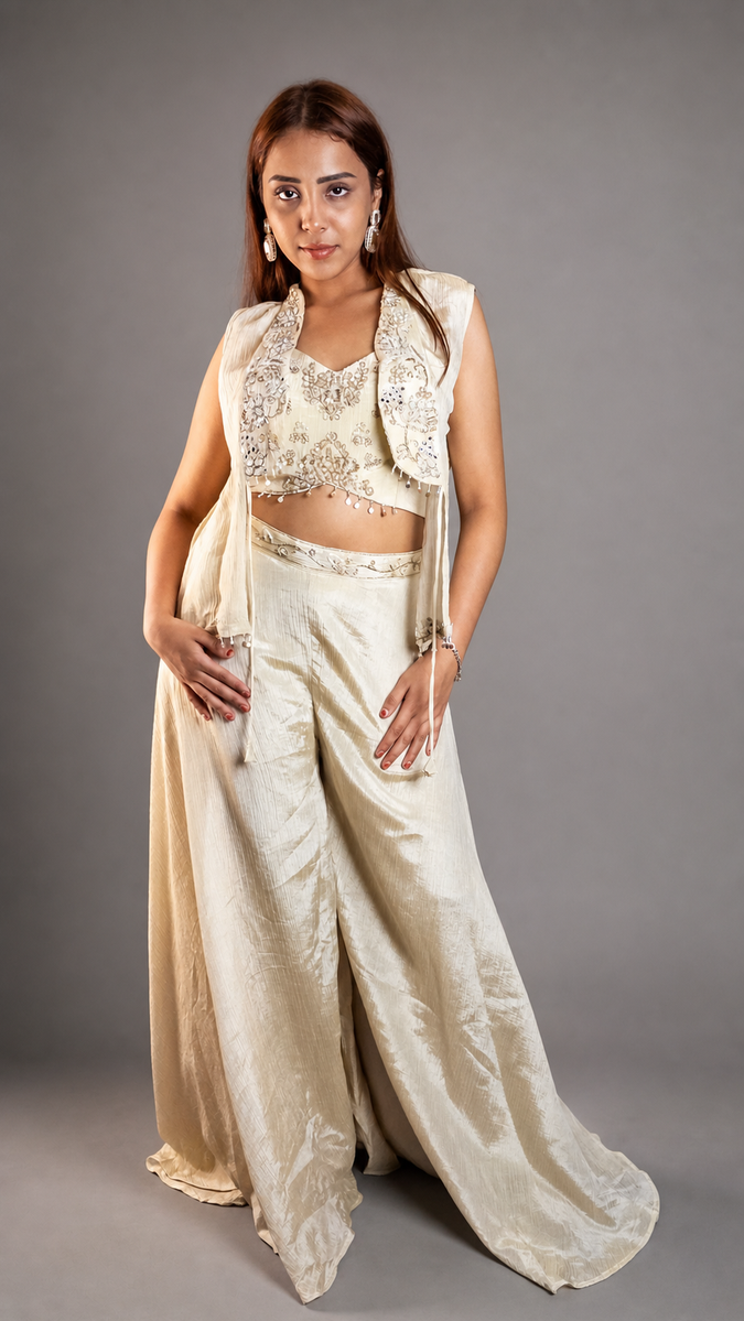 Ivory Crush Tissue Palazzo Set With Embellished Jacket