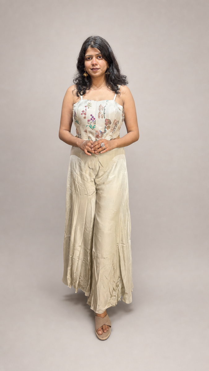Ivory Crepe Floral Embroidered Corset Sharara Set