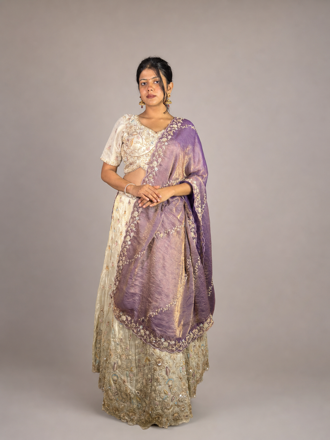 Ivory Net Lehenga With Lavender Tissue Dupatta