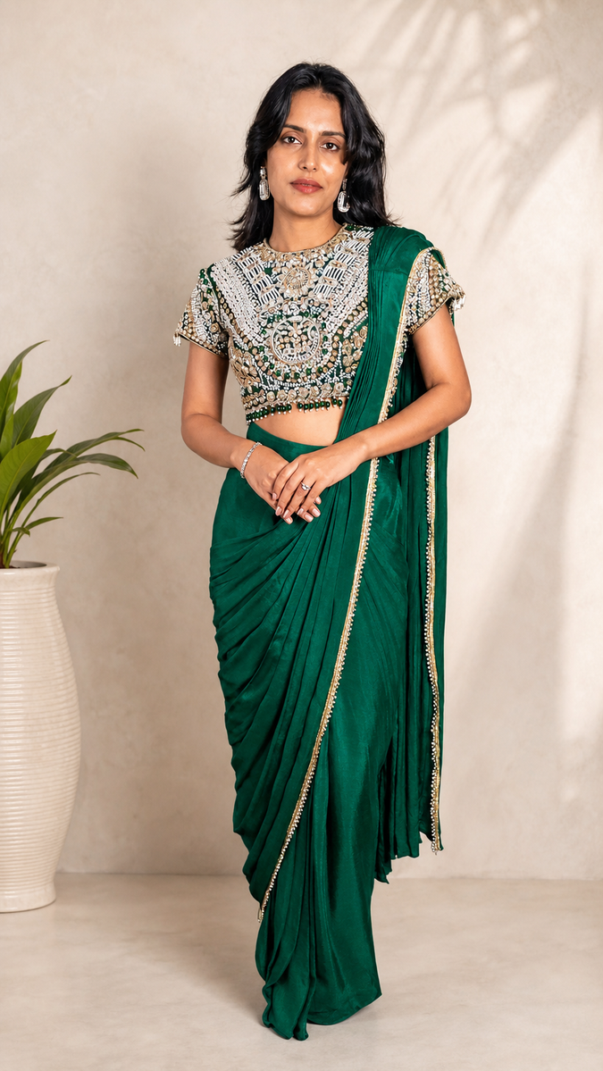 Emerald Satin Pre-Draped Saree With Cutdana Blouse