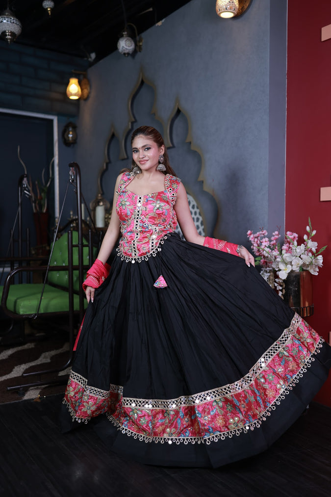 Black Cotton Kali Lehenga With Pink Mirror-Work Blouse