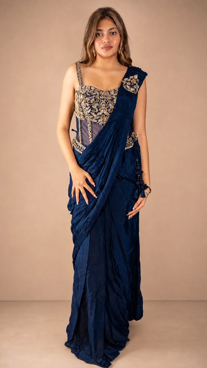 Navy Blue Satin Pre-Draped Saree With Zari Corset