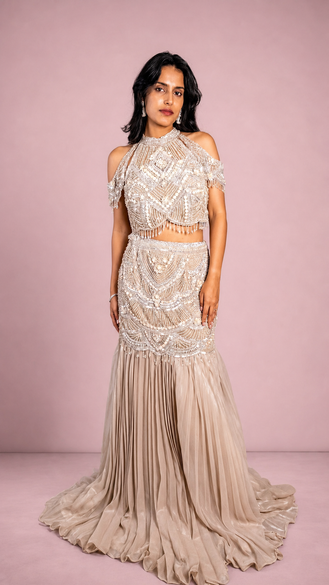 Champagne Georgette Cold-Shoulder Mermaid Skirt Set