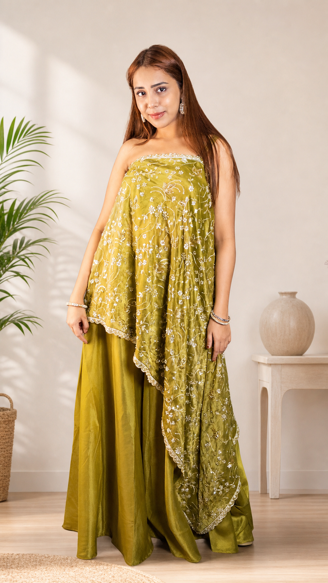 Parrot Green One-Shoulder Cape and Palazzo Set