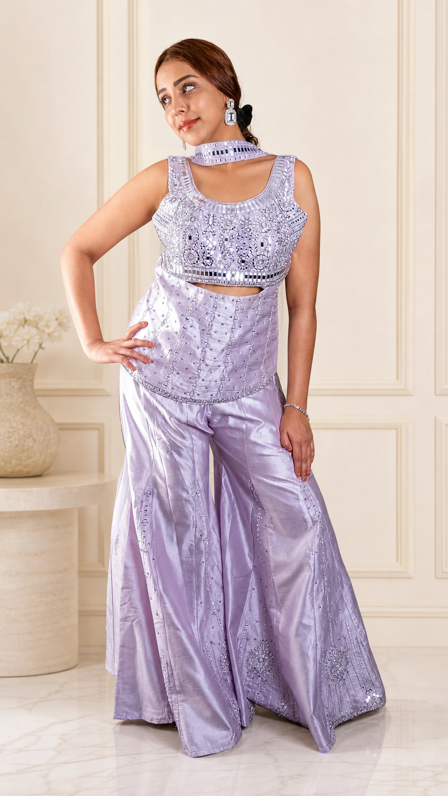 Lilac Raw Silk Mirror Zardozi Palazzo Suit Set — front view