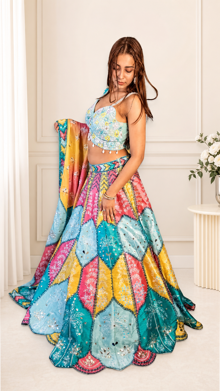 Multicolour Raw Silk Kali Lehenga With Pearl Bustier — front view