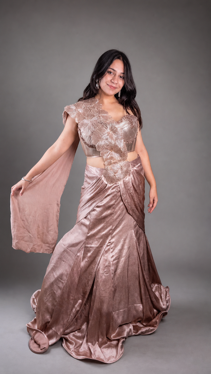 Rose Gold Shimmer Crepe Pre-Draped Mermaid Saree Gown